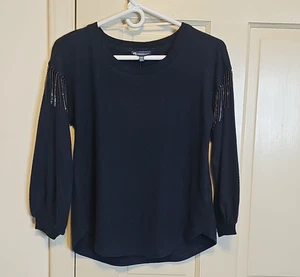 NWT Democracy Women's Navy sweater Size  PXS Long-Sleeve, Mint Glass Fringe soft - Picture 1 of 13