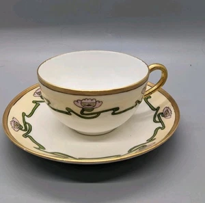 1892-1907 T&V Limoges Signed EG - Art Nouveau Lotus Water Lily Teacup Saucer - Picture 1 of 20
