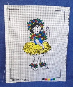 Vintage? Hawaiian Girl Hula Dancer Grass Skirt Lei Needlepoint Canvas 8.5 x 11" - Picture 1 of 2