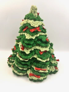 Vintage Crocheted Handmade Christmas Tree 10.5" Green  with red satin bows - Picture 1 of 10