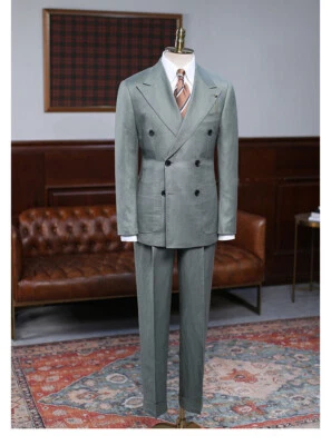 Summer Linen Men's Suits Double Breasted Jacket 2Pcs Daily Wedding Groom Tuxedos - Image 1 of 4