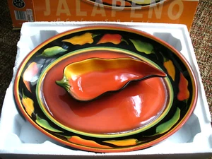 Brand New~KOHL'S~Boxed~CLAY ART~Santiago~JALAPENO PEPPERS~Oval Platter &Dip bowl - Picture 1 of 9