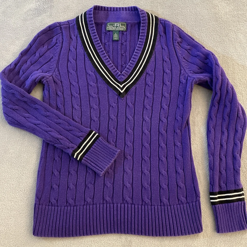 Ralph Lauren Active Cable 针织板球网球毛衣 V 领女式小号 Polo 衫 — 第 1/4 张图片