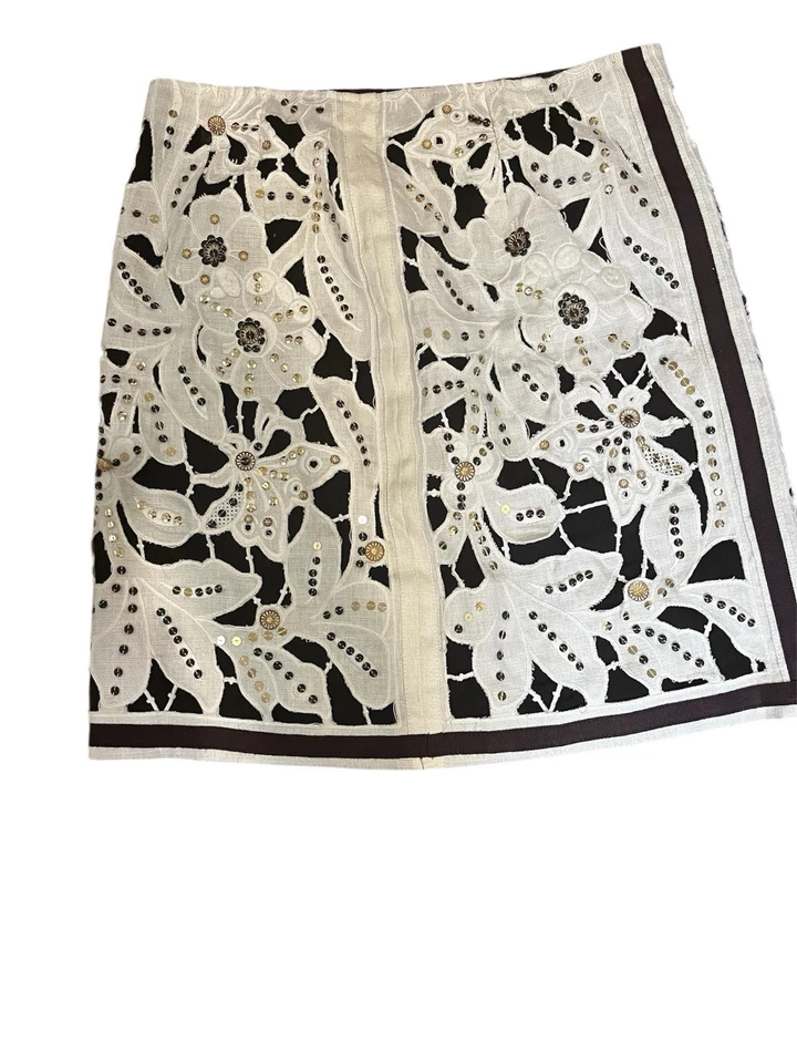 Per Se Linen Silk Brown And Cream Sequin Bedazzled Skirt Size 8 - Image 1 of 4