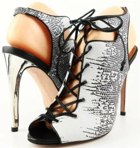 $375 REBECCA MINKOFF RIO Black White Lizard Print Designer Lace Up Sandals 8.5 - Picture 1 of 4