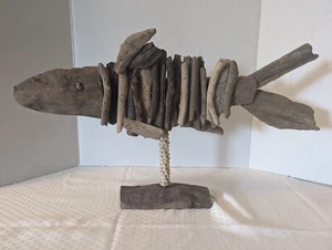 Scultura arte pesce legno alla deriva 24" opera d'arte da tavolo spiaggia casa mare costa - Foto 1 di 5