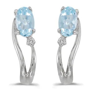 14k White Gold Oval Aquamarine And Diamond Wave Earrings - Picture 1 of 2