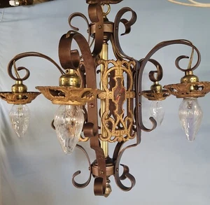 Vtg Markel Style Chandelier Polychrome 5 Light Cast Iron Drop Bare Art Deco - Picture 1 of 10