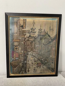 Vintage Chinese Mid Century Modern Signed Color Woodcut Print Cityscape - Picture 1 of 10