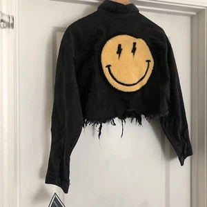 Trio Urban Smiley Crop Denim Jacket Women`s size s/m 200026dnblk BLACK - Picture 1 of 6