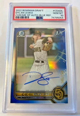 GEM MINT 2022 Bowman Draft 1st TRUE BLUE REFRACTOR AUTO /150 Dylan Lesko PSA 10 - Image 1 of 2
