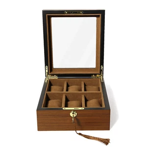 Caja de reloj de madera de 6 ranuras organizadora con tapa de vidrio vitrina de almacenamiento de joyas regalo - Imagen 1 de 16