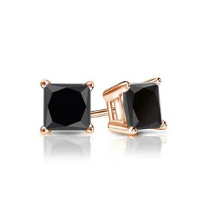 14K Rose Gold 5CT Black AAA Princess Diamond Solitaire PUSHBACK Stud Earrings - Picture 1 of 1