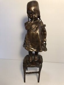 Vintage Bronze SCULPTURE Of A GIRL With Shoe On Chair Signed by Juan Clara 12" 