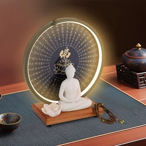 Indoor Ceramic Buddha Statues for Home Decor, Buddha Statue with Circle LED Lamp - Picture 1 of 14