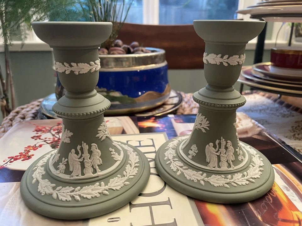 Wedgwood Jasperware Neoclassical Sage Green 2 Candle Holders ~5” Tall - Image 1 of 4
