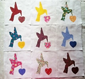 Kolibri Herz Quilt Top Blöcke 6" Quadrat Baumwollstoff Applikation Menge 9 - Bild 1 von 3