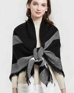 Women's Black/White Large Square 55"x55" Acrylic Blanket Scarf Winter Shawl - Picture 1 of 5