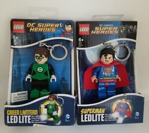Lot of 2 DC Super Heroes Green Lantern & Superman LED LITE Key Chains LEGO NIB