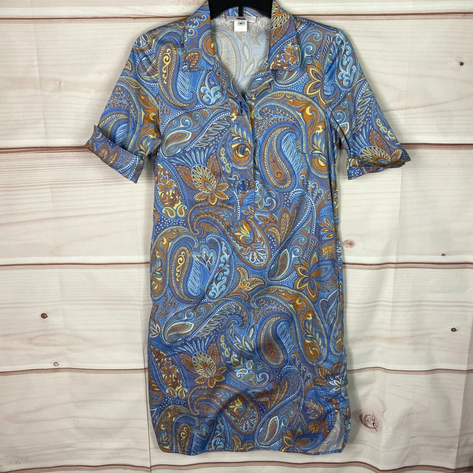 Leggiadro Dress Women 6 Blue Yellow Paisley Shirt Short Sleeve 1/4 Button Collar - Изображение 1 из 4