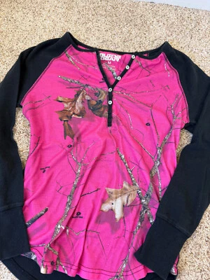 Womens Guide Gear Shirt Henley M Pink Black Camo Button Long Sleeve Cute - Image 1 of 4