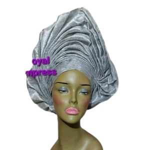 Aso-Oke African Headtie Auto Gele, Metallic Grey Empress  headwear - Picture 1 of 2