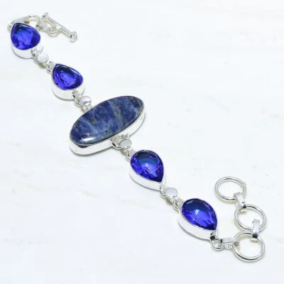 Sodalith, Saphir Edelstein Handgemacht Silber Schmuck Armband Mit 17.8-20.3cm - Bild 1 von 2