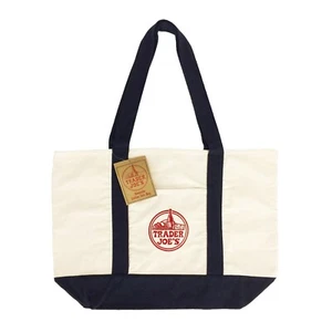 Trader Joe's Reusable Canvas Eco Tote Bag Heavy Duty Bag Blue White Brand NEW - Picture 1 of 4