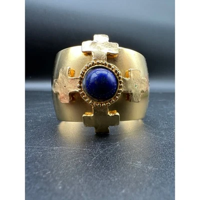 Gold Tone Chunky Cross Cuff Bracelet Blue Cabochon Wide Statement Bracelet Cuff - Image 1 of 4