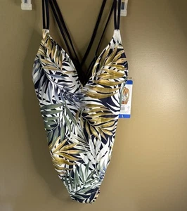 Hurley Einteiler Badeanzug Large UPF 50 Farne Blumen tropisch blau Träger neu mit Etikett - Bild 1 von 6