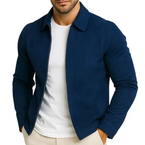 Para hombres Gamuza Cuero Chaqueta Motociclista Azul Marino Informal Piel de Oveja Real Gamuza Camisa Chaqueta - Imagen 1 de 5
