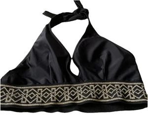 Excellent Condition Halter Plunge Padded Bikini Top Black /Gold Medium Size 12 - Picture 1 of 2