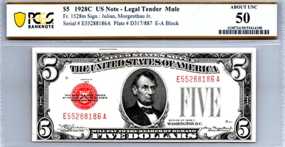 $5 1928-C Legal Tender MULE (FANCY SERIAL E55288186A) PCGS 50 CVF Fr. 1528m - Image 1 of 3