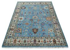 Modern Hand Knotted Oushak Wool Rug, Blue and Ivory | NCP2741