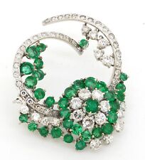 Vintage heavy 18K white gold elegant 6.0CTW VS1/G diamond/emerald flower brooch
