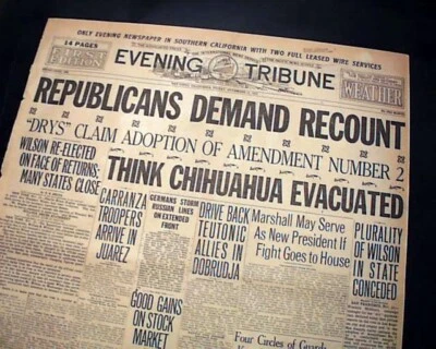 Periódico Woodrow Wilson Elecciones Presidenciales GANAR vs. Charles Evans Hughes 1916 Foto 1 de 4