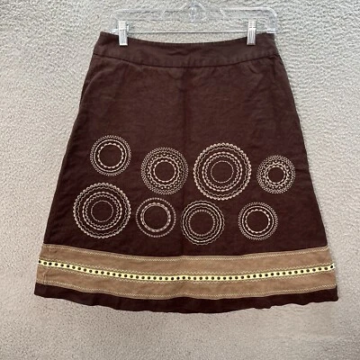 Falda Talbots Mujer 10 Marrón Mezcla Lino Bordada Geométrica Hippie Boho Foto 1 de 4
