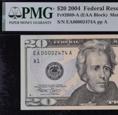 2004 $20 Federal Reserve Note PMG 64EPQ wanted popular low serial number 0002474 - Image 1 of 3