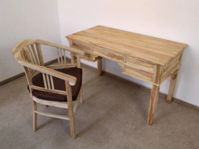 SCHREIBTISCH & ARMLEHNSTUHL BÜRO-SET TEAK-HOLZ NATUR RUSTIKAL KOLONIALSTIL - Bild 1 von 3