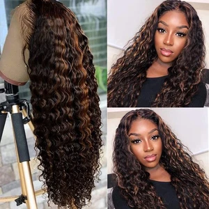 24 Inch Highlight Ombre Lace Front Wig Human Hair Pre Plucked 1B/30 Black Bro... - Bild 1 von 7
