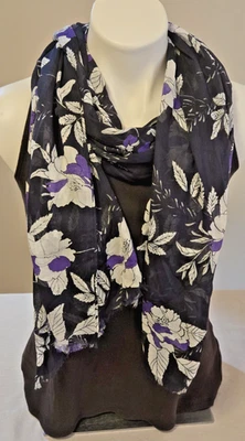LANE BRYANT Scarf Floral Raw Ends Modal/Viscose Black Purple White  HUGE 25x76 - Image 1 of 4