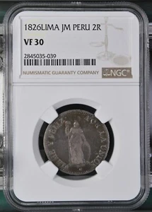 PERU SILVER 2 REALES 1826 LIMA JM NGC VF 30 KM 141.1 - Picture 1 of 4