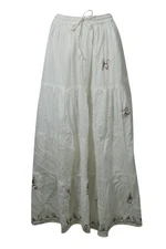 Boho Gypsy Hippy Maxi Skirt White Cotton Gauze Embroidered Long Flare Skirts M/L