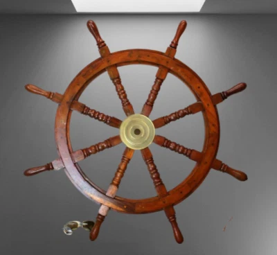 36 Inch Big Ship Steering Wheel Wooden Antique Teak Brass Nautical Pirate Ship's - Image 1 of 4