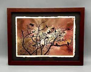 Pintura Original Acuarela Puesta de Sol Cielo Silueta Árbol Top Cuervos Pájaros Firmado - Imagen 1 de 7