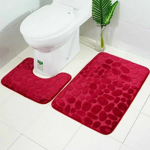 2X Non-Slip Bathroom Rug Set U Shape Pedestal Rug+Bath Mat Toilet Seat Cover RED - Picture 1 of 3