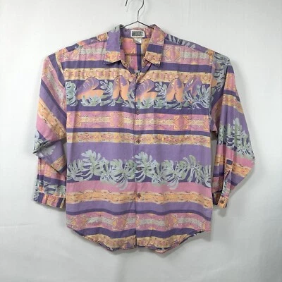 80's Unionbay Button Down Cotton Shirt Colorful Stripped Tropical Men's Medium - Image 1 of 4