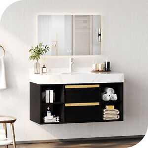 Bathroom Vanity Cabinet Wall Mounted Floating Cabinet w/2 Drawers & Ceramic Sink