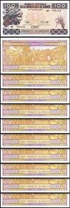 Guinea 100 Francs, 2015, UNC, 10 Pcs LOT, Consecutive, P-A47 - Picture 1 of 4