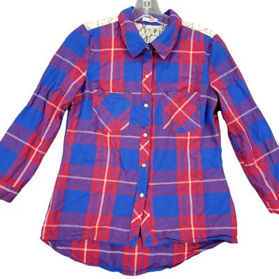 Camisa Bongo Azul Preppy Cuadros Y2k Encaje Clásico Botón Mangas 3/4 Para Mujer Talla M Foto 1 de 4